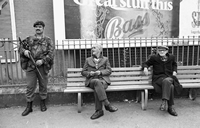 Two old men and a marine commando, Sugar Island, Newry, Co Down 12 July (c) 1985 by Sean Hillen